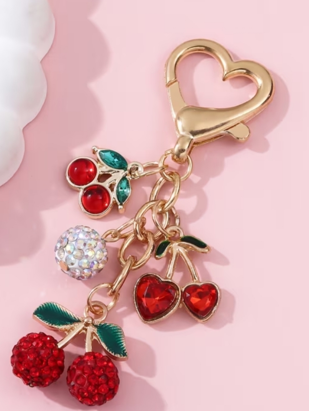 Gold-Tone Red Cherry Charm Keychain - Women Accessories
